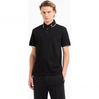 Emporio Armani Men's Mercerized Pique Black Polo Shirt with Short Sleeves and Logo, Size L