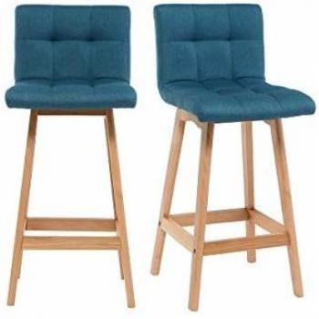 Taburete de bar KLARIS madera y azul petróleo 65cm lote de 2