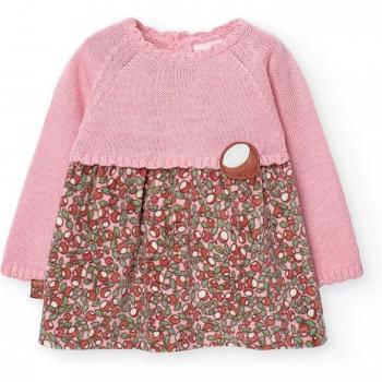 Vestido de bebé niña tricotosa combinado con falda estampada y cuello redondo