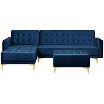 Sofá Esquinero Modular 4 Plazas de Terciopelo Azul Marino con Otomana y Chaise Longue Derecho