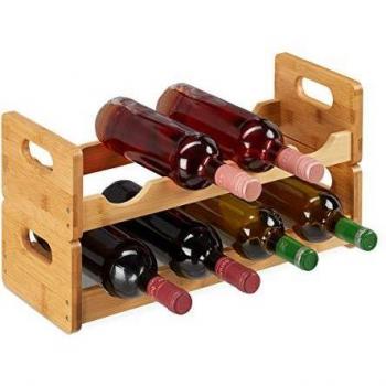 Botellero Compacto de Bambú para 8 Botellas, Estante Horizontal, Dimensiones 24 x 47 x 18 cm, Madera Natural
