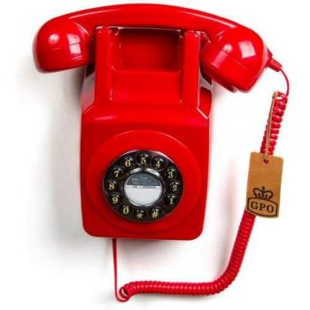 GPO 746 Teléfono fijo retro de pared con botones - Cable en espiral, timbre auténtico - Rojo