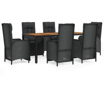 7-Piece Black Poly Rattan Garden Dining Set with Cushions