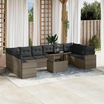 11-Piece Grey Poly Rattan Garden Sofa Set with Cushions
