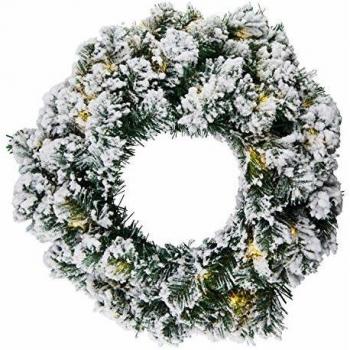 Corona LED Anton con temporizador, verde y decoración de nieve
