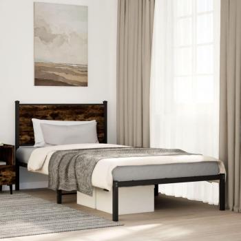 Cama solar sin Materia Metal Roble ahumado 100x190 cm con estructura de cama y cabecero en metal, color roble ahumado