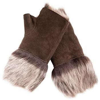 Infinity Leather Women's Shearling Fingerless Mittens - Toscana Suede & Sheepskin Fur - Black & Silver - One Size