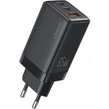 Cargador Rápido Usams Sandru 65W con 3 Puertos (2x USB-C y 1x USB-A) GaN, Negro