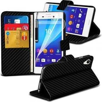 ONX3® ( Black Carbon Fiber Wallet ) Sony Xperia M4 Aqua caso cubierta trasera funda Carcasa Custom Made fibra de carbono BookStyle PU billetera de cuero del tirón con el caso Ranura para tarjeta de débito / crédito cubierta de la piel con la pantalla 