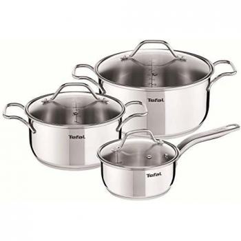 Tefal Intuition A702S685 Set 3 piezas incluye 1 cazo 16 cm y tapa 1 cacerola 20 cm con tapa 1 cacerola de 24 cm y tapa, batería de acero inoxidable, bordes vertedores aptas para horno tapas de cristal