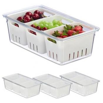 Organizador de Nevera Relaxdays, Set de 4, Apilable, con 3 Cestas Escurridoras y Tapa, Transparente/Blanco