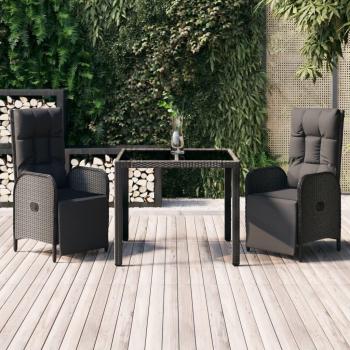 3-Piece Black Poly Rattan Garden Dining Set with Cushions