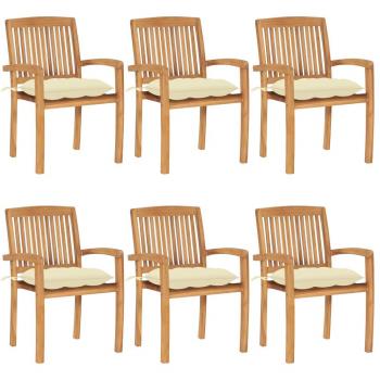 Stackable Garden Chairs with Cushions - Set of 6 - Solid Teak Wood