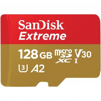 SanDisk Extreme 128GB MicroSDXC UHS-I Memory Card with Adapter - Up to 190MB/s, Class 10, U3, V30, A2, for Action Cameras and Drones SDSQXAA-128G