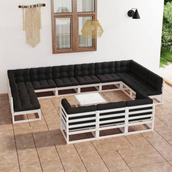 Set de muebles de jardín 14 piezas con cojines blanco de madera de pino