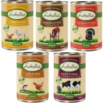 Lukullus Adult Mixed Trial Pack - 6 x 400g (5 Varieties) Duck & Beef Grain-Free + 1 Can Free, Economy Pack Mixed IV