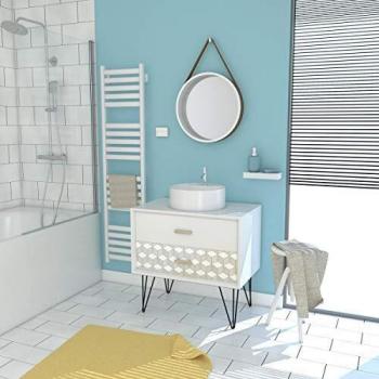 Mueble de baño escandinavo blanco 80 cm con patas, cajones, lavabo sobreponer y espejo redondo
