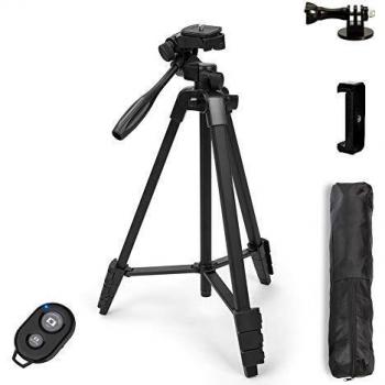 Dezuo 137cm Aluminio Trípode Móvil para Cámara, iPhone, Gopro, Incluye Universal Soporte Smartphone y Adaptador de Gopro y Control Remoto Bluetooth