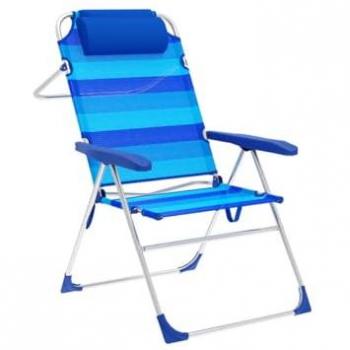 Silla Plegable Marbueno Azul 67 x 99 x 66 cm, 5 posiciones, estructura de aluminio, incluye cojín con rayas azules, ideal para playa y piscina