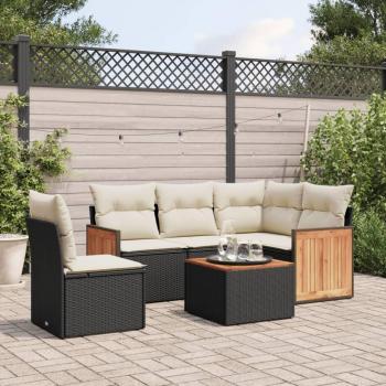 6-Piece Black Poly Rattan Garden Sofa Set with Cushions