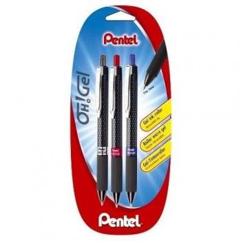 Pentel K497 Lot de 3 Rollers à encre gel rétractable Noir/Bleu/Rouge