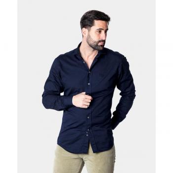 Camisa Spagnolo de gabardina slim fit azul con cuello cutaway y tinte en prenda