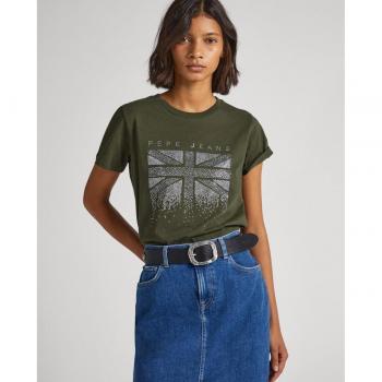 Pepe Jeans Allie Camiseta Verde para Mujer con Logo Estampado Strass y Cuello Redondo