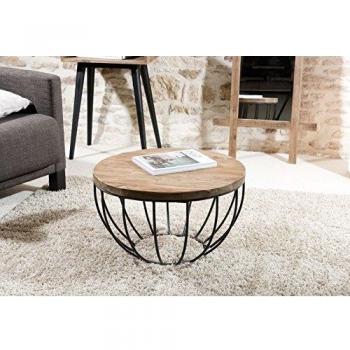 Mesa de centro redonda de madera de teca reciclada y metal negro 60x60 cm estilo industrial