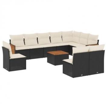 11-Piece Black Poly Rattan Garden Sofa Set with Cushions