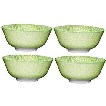 Set de 4 cuencos cerámicos con patrón de azulejo y base, verde, 15,5 cm