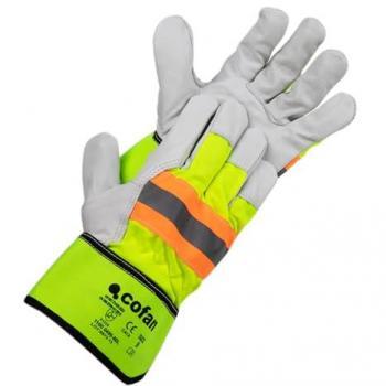 Guantes de Piel Vacuno Reflectantes con Cinta Amarilla Fluorescente - Tallas 9, 10 y 11 (Pack de 12)