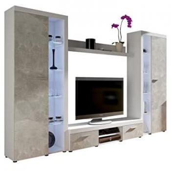 Conjunto de salón Tucson 107, Blanco y Hormigón, Aglomerado Laminado con Vidrio, Mesa de TV, Partes Separadas, 190x300x41cm