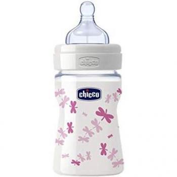 Chicco Wellbeing - Biberón de vidrio/cristal con tetina silicona anti cólicos, flujo normal, 150 ml, bebés 0 m+, color rosa