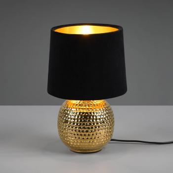 Lámpara de mesa Sophia con base de cerámica negra y dorada, pantalla de terciopelo negro, altura 26 cm