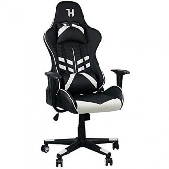 Silla Gaming Ergonómica Decode - Cuero Sintético, Reclinable 90-180º, 2 Cojines Ajustables, Soporta 120Kg, Negro-Blanco/Gris, 73x68x136cm