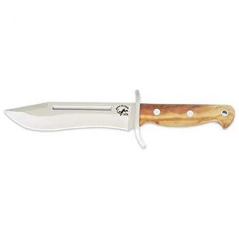 Cuchillo de Caza Enterizo Salamandra 232011, Hoja de Acero 1.4116 de 18 cm, 425 g, Cachas de Olivo + Pañuelo Desenfunda