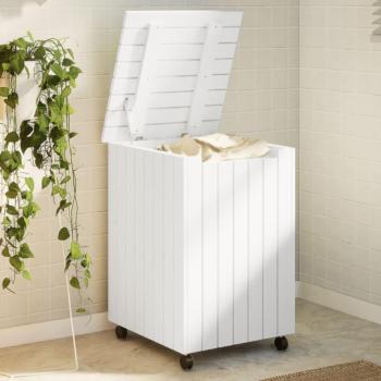 Cesta de lino con ruedas para ropa sucia, dimensiones 45x45x64 cm, fabricada en madera de pino macizo y color blanco