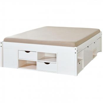 Cama Doble con Almacenamiento y Mesita de Noche Incluida, 180x200 cm, Color Blanco, Estructura de Madera Maciza