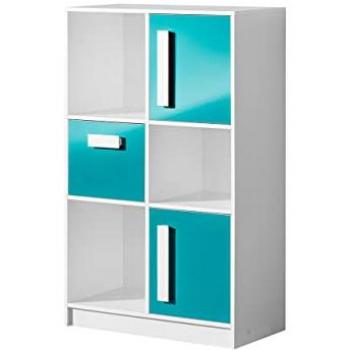 Estantería Akron J101, Aglomerado Laminado Blanco y Brillo Turquesa, Con 2 Puertas y 1 Cajón, Dimensiones 133x80x40cm