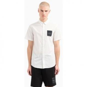 Armani Exchange Men's White Short Sleeve Button-Up Shirt with Front Pockets