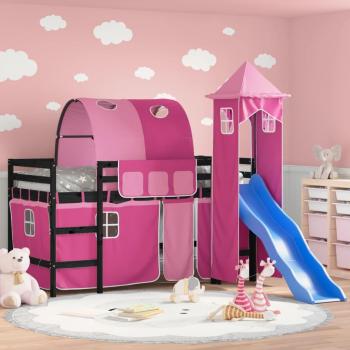 Cama alta con torre infantil Rosa 90x200cm Pino macizo