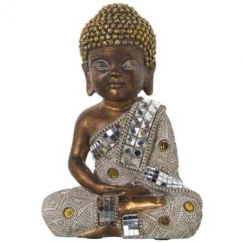 Figura Decorativa Buda Alexandra House Living Blanco Dorado Acrílico Plástico Melamina 14 x 9 x 20 cm
