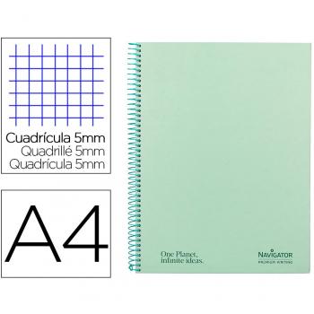 Cuaderno espiral Navigator A4 micro tapa forrada 80 hojas 80g cuadro 5mm banda color menta