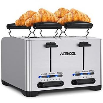 Tostadora de Pan con 4 Rebanadas Acekool TA1 Calienta Panecillos de 7 Niveles de Tostado con Multifunción de Recalentar Descongelar y Cancelar con Bandeja Recogemigas 1500W