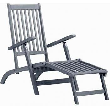 Gray Wash Solid Acacia Wood Outdoor Deck Chair with Footrest