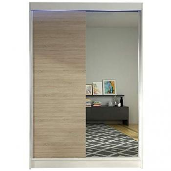 Armario Corredero Atlanta 147, Blanco y Roble Sonoma, 200x120x58cm, con Espejo y LED, 5 Estantes