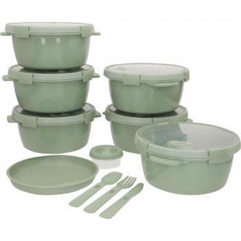 Pack 6 Recipientes Herméticos Smart To Go 0,6-1,6L con Bandeja y Cubiertos, Plástico 100% Reciclado, BPA Free, Tapa Transparente, Orificio para Vapor, A