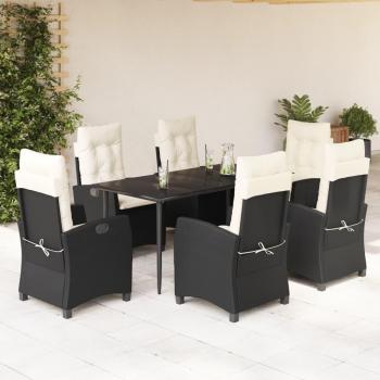 7-Piece Black Poly Rattan Garden Dining Set with Cushions