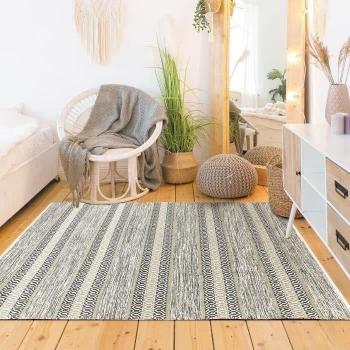 Alfombra de salón o dormitorio 100% algodón de aspecto étnico con rayas entrecruzadas 120 x 170 cm blanco y marrón arena