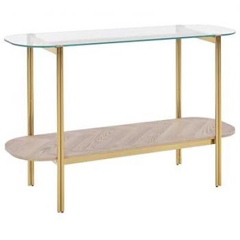 Mesa consola moderna Lovell con tablero de vidrio templado, estructura de metal y 1 estante de madera clara dorada